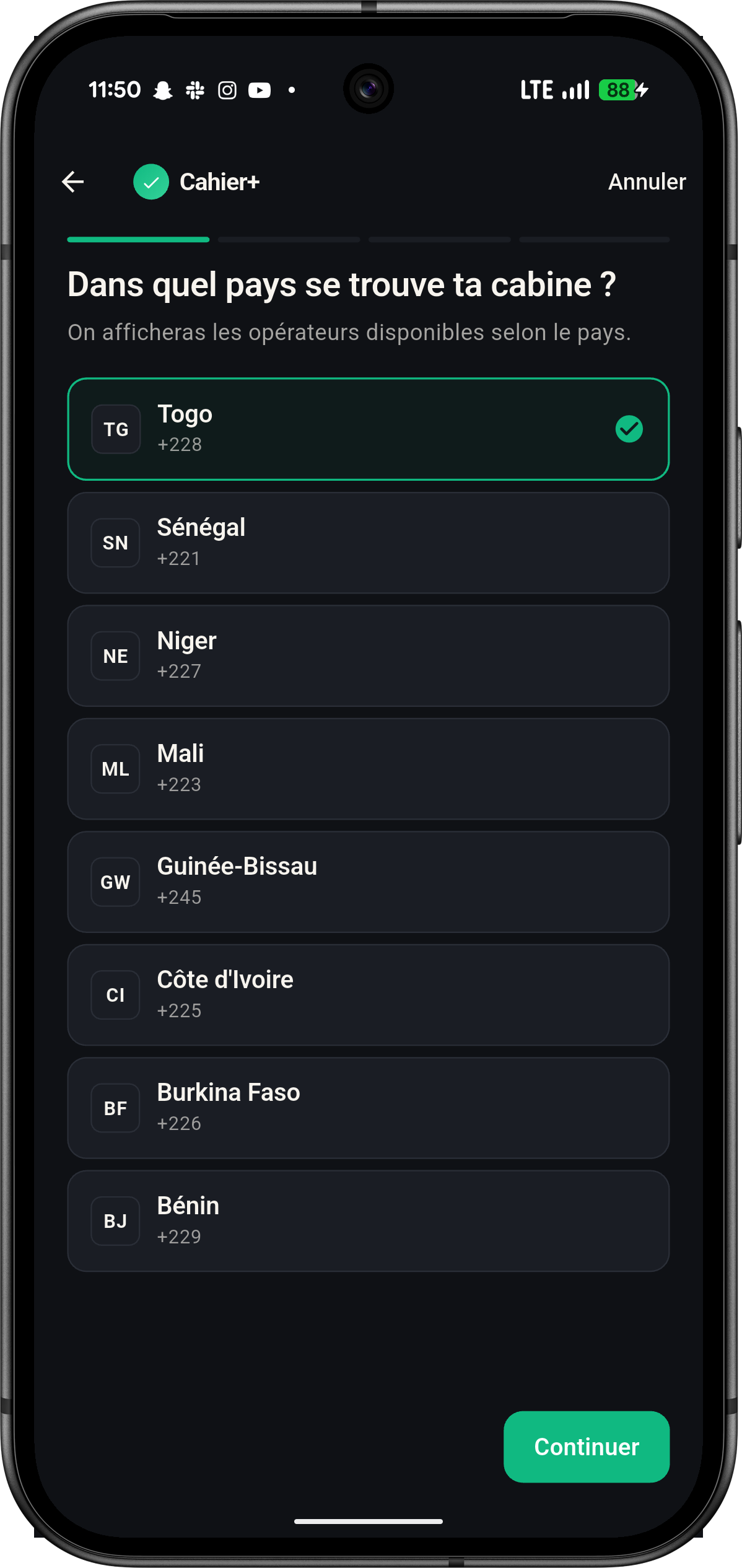 Choix du pays UEMOA