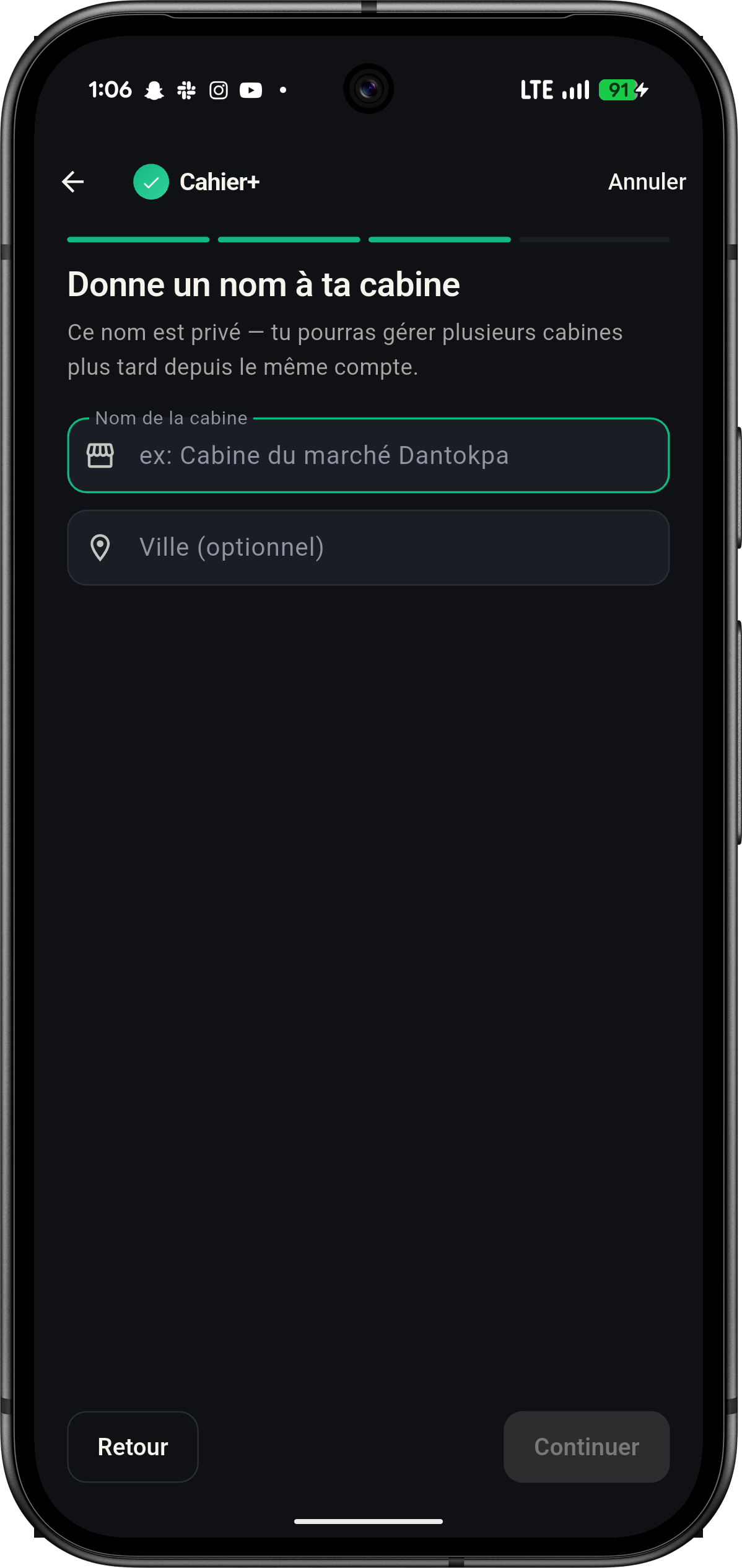 Nom et ville de la cabine