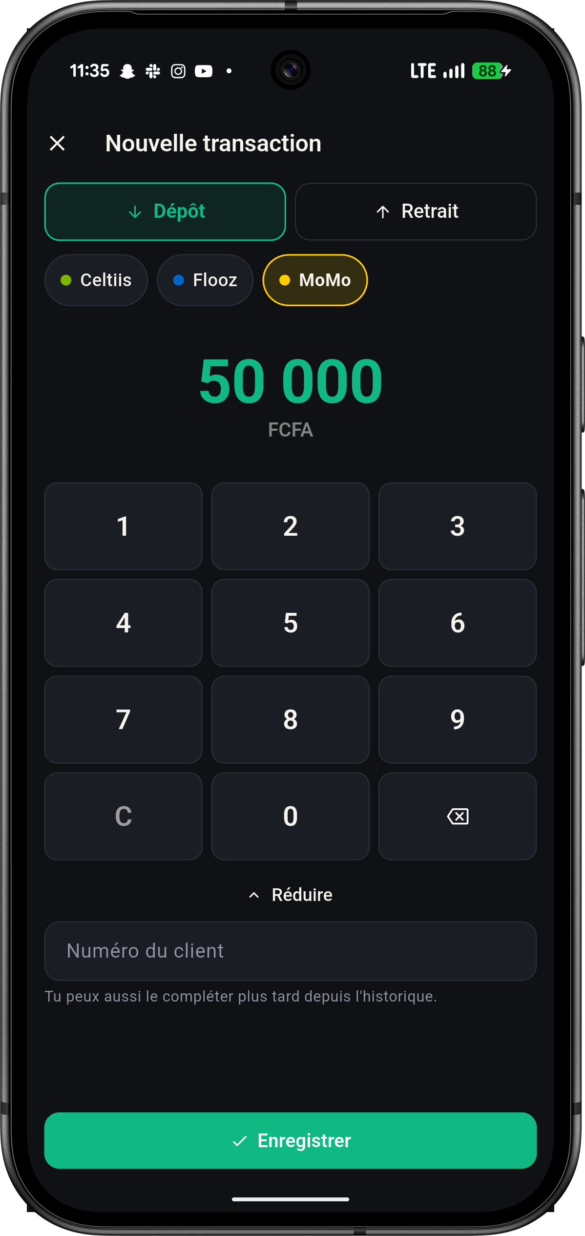 Saisie de transaction Cahier+ — pavé numérique et opérateurs